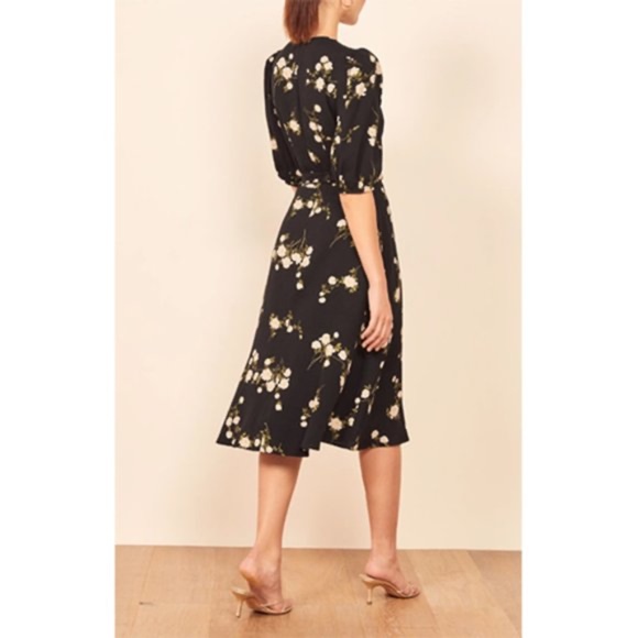 NWT Reformation Christa Puff Sleeve Black Floral Midi Wrap Dress XS - Picture 2 of 9
